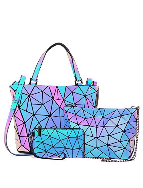 Geometric Luminous Purses and Handbags for Women Holographic Reflective Bag Backpack Wallet Clutch Set