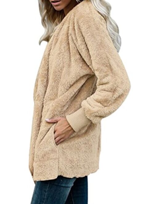 ZNCMRR Women's Long Sleeve Open Front Fuzzy Coat Fleece Loose Hooded Cardigan Jacket Outwear with Pockets Plus Size