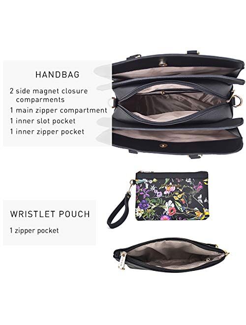 Fashion Women's Satchel Handbag Multi Pockets Shoulder Bag 2 Pcs Set Purse Wristlet