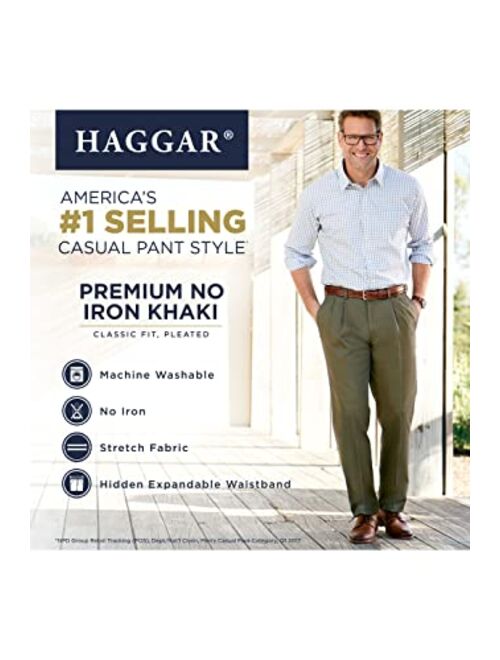 Haggar Men's Classic Fit Flat-Front Hidden Expandable Waistband Premium No Iron Khaki, 44W x 29L - Dark Navy