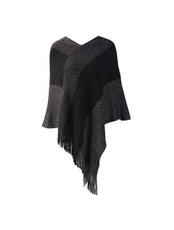 Womens Poncho Sweater V Neck Striped Pullover Soft Scarf Wrap Cape with Fringes