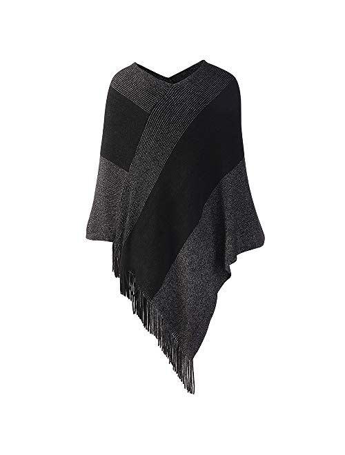 Womens Poncho Sweater V Neck Striped Pullover Soft Scarf Wrap Cape with Fringes
