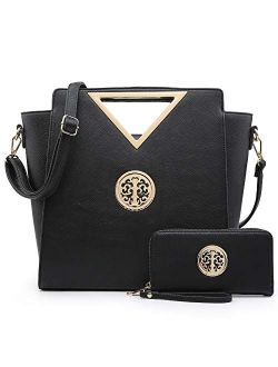 Women Fashion Handbag Chic Triangle Handle Shoulder Bag Tote Satchel Work Purse w/Matching Wallet