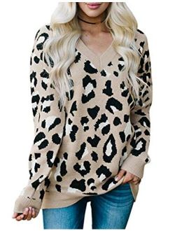 Women's Crew Neck Leopard Print Balloon Sleeve Knitted Pullover Sweater Tops