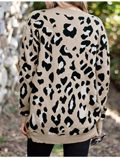 MEROKEETY Women's Crew Neck Leopard Print Balloon Sleeve Knitted Pullover Sweater Tops