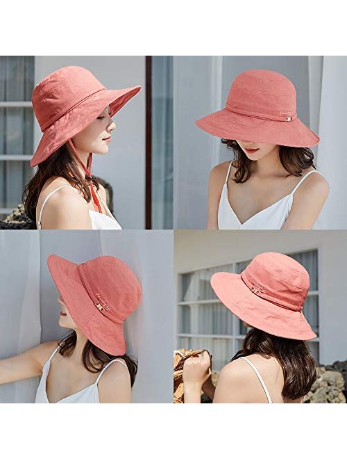 Siggi Womens UPF50+ Linen/Cotton Summer Sunhat Bucket Packable Hats w/Chin Cord