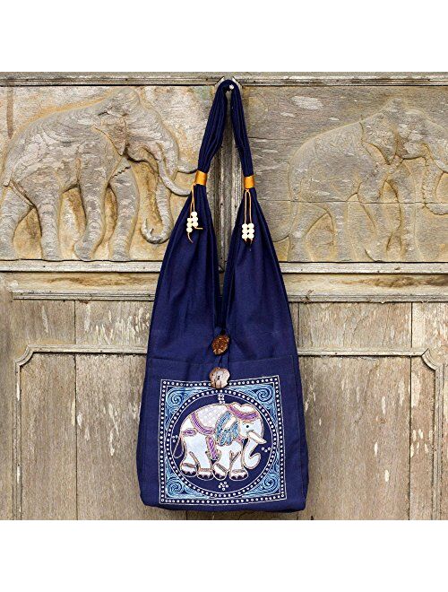NOVICA Dark Blue Handmade Embroidered Shoulder Bag, Lucky Elephant'