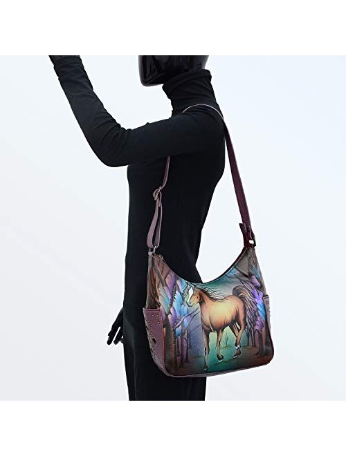 Anuschka Women's Genuine Leather Shoulder Bag | Hand Painted Original Artwork | Classic Hobo With Studded Side Pockets