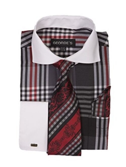 George's Big Plaid Pattern Dress Shirt Woven Tie & Hankie & Cuffs AH626