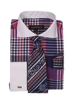 George's Big Plaid Pattern Dress Shirt Woven Tie & Hankie & Cuffs AH626