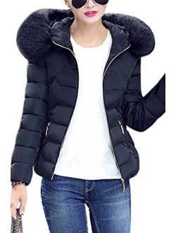 YMING Womens Winter Down Cotton Coat Quilted Parka Jacket with Faux Fur Hood