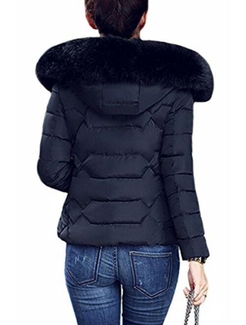 YMING Womens Winter Down Cotton Coat Quilted Parka Jacket with Faux Fur Hood