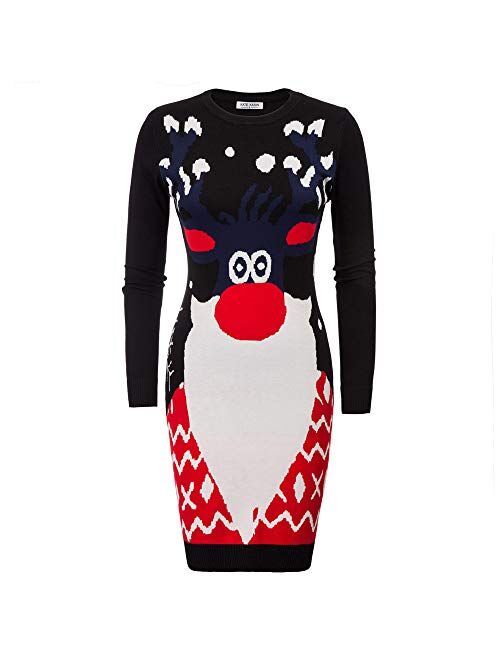 Kate Kasin Women Ugly Christmas Sweater Dress Slim Fit Bodycon Midi Dress