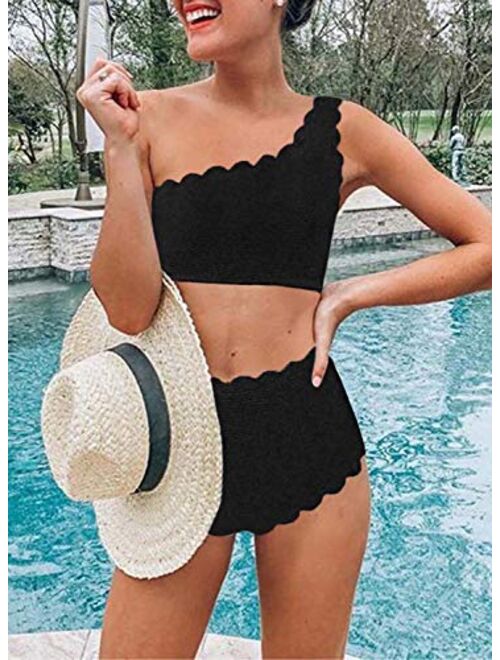 Aleumdr Womens Vintage High Waisted Two Pieces Scalloped Trim One Shoulder Bikini Bathing Suit
