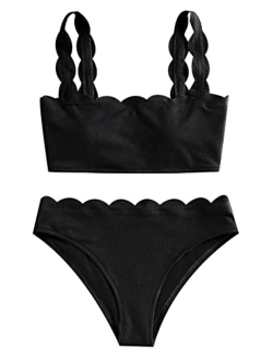Women's Scalloped Textured Swimwear High Waisted Wide Strap Adjustable Back Lace-up Bikini Set Swimsuit