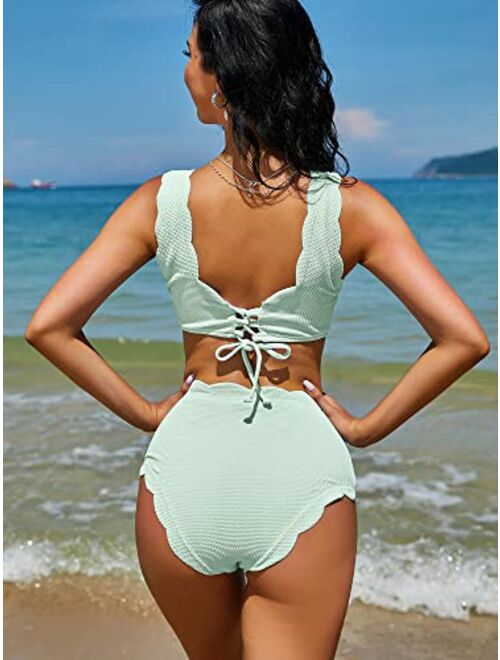 ZAFUL Women's Scalloped Textured Swimwear High Waisted Wide Strap Adjustable Back Lace-up Bikini Set Swimsuit