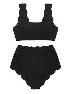 Women's 2 Pieces Swimsuit High Waist Scalloped Trim Lace Up Bikini Set