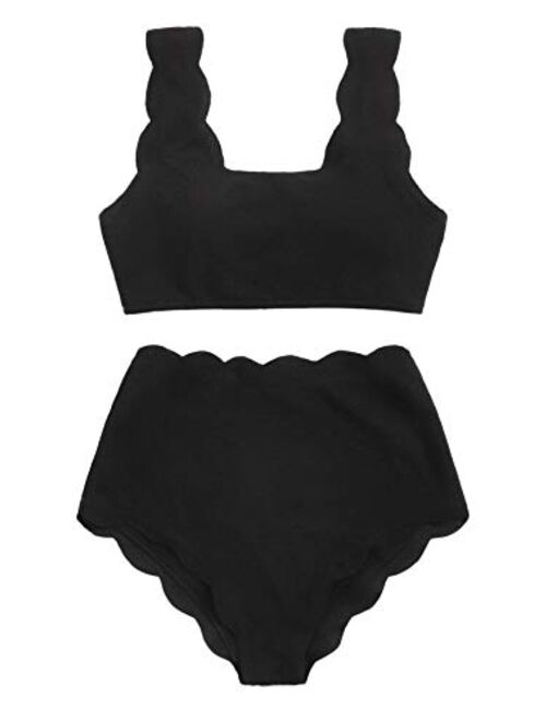 SweatyRocks Women's 2 Pieces Swimsuit High Waist Scalloped Trim Lace Up Bikini Set