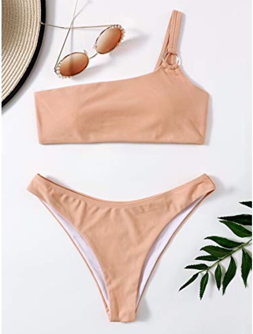 SweatyRocks Women's 2 Pieces Mesh One Shoulder Top with High Waist Bikini Set