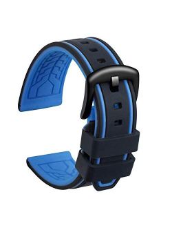 Ullchro Silicone Watch Strap Replacement Rubber Watch Band Waterproof Bicolor Men Women - 20, 22, 24, 26mm Watch Bracelet with Brushed Stainless Steel Buckle Black