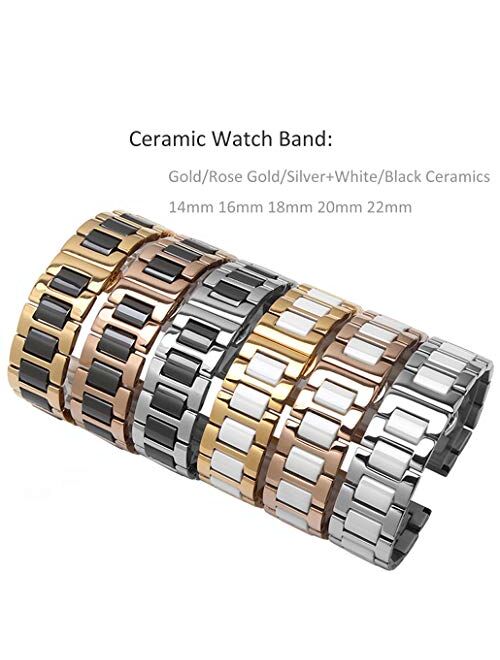 Luxury Black White Blue Green Brown Pink Ceramic Watch Band Stainless Steel Watch Bracelets Deployment Clasp Metal Watch Strap for Men Women 14mm 16mm 18mm 20mm 22mm