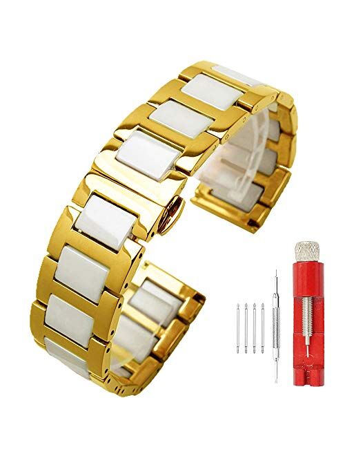 Luxury Black White Blue Green Brown Pink Ceramic Watch Band Stainless Steel Watch Bracelets Deployment Clasp Metal Watch Strap for Men Women 14mm 16mm 18mm 20mm 22mm