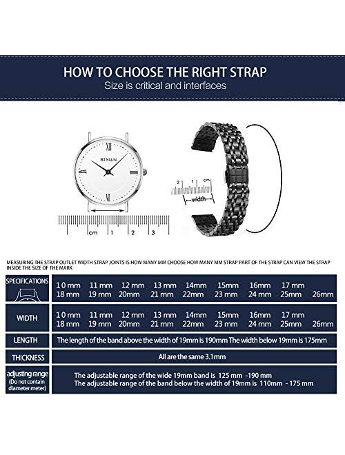 BINLUN Stainless Steel Watch Band 6 Color(Gold, Silver, Black, Rose Gold, Gold Tone, Rose Gold Tone) 17 Size (10mm - 26mm)