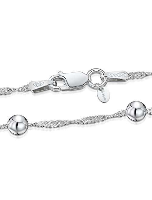 Amberta 925 Sterling Silver 1.4 Singapore Chain Bracelet Size with 4 mm Ball Beads 7" 7.5" in