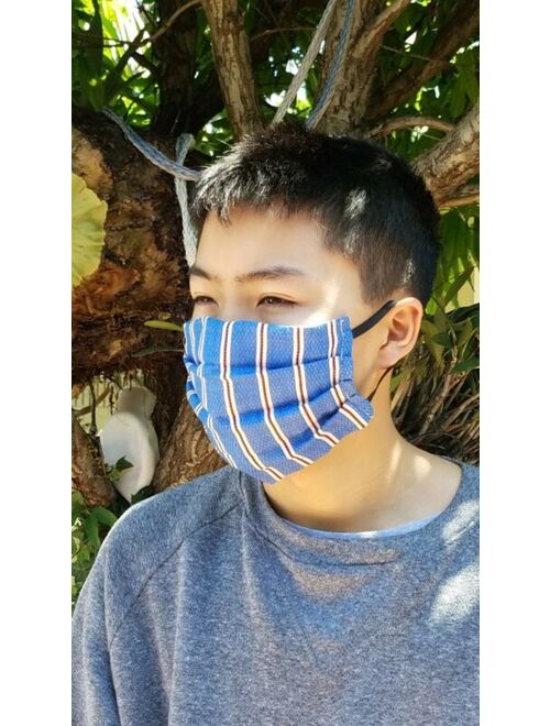 Big BOY blue Stripe Handmade Cloth Facemask reusable reserviible w FIlter Pocket