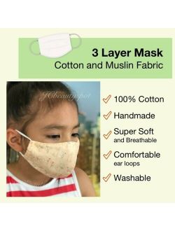 Girls Three Layer Face Mask. Orange Fabric, 100% Cotton, Washable. One Size