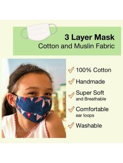 Girls/Boys Three Layer Face Mask. White Fabric, 100% Cotton, Washable. One Size