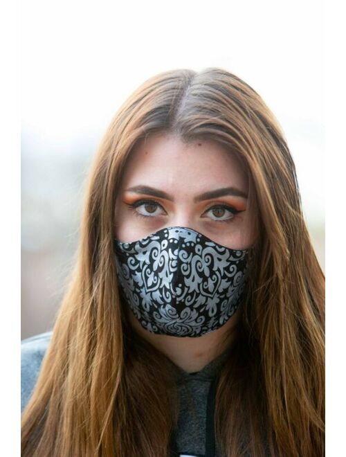 Womens Face Mask Washable Reversible Handmade Damask Black Silver Sparkle