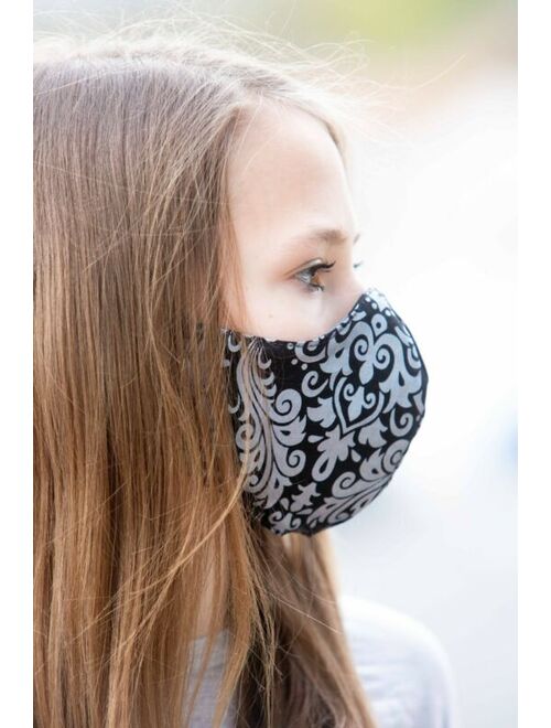 Womens Face Mask Washable Reversible Handmade Damask Black Silver Sparkle
