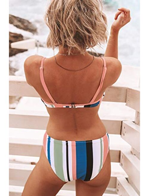 CUPSHE Women's Striped Back Hook Closure Bikini Adjustable Straps Swimsuit