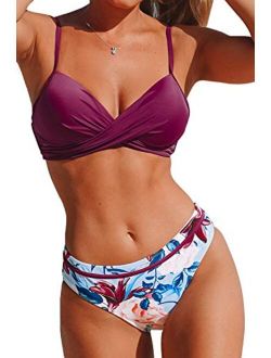 Women's Wrap Top Floral Bottom Bathing Suit Two Piece Sexy Swimsuit