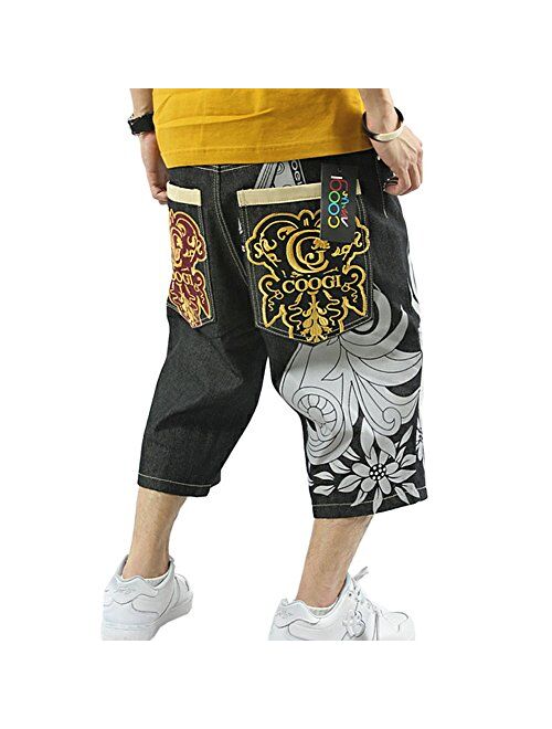 Buy QBO Men's Rhino Hip-hop Embroidery Loose Denim Short Baggy Jeans ...