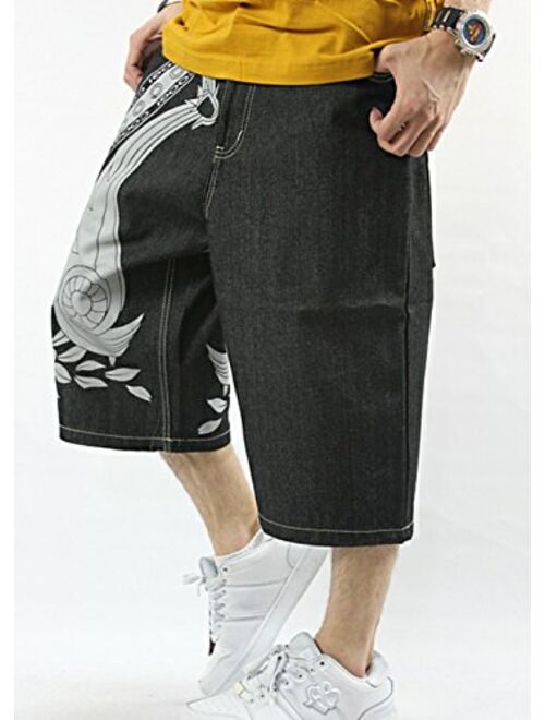 QBO Men's Rhino Hip-hop Embroidery Loose Denim Short Baggy Jeans