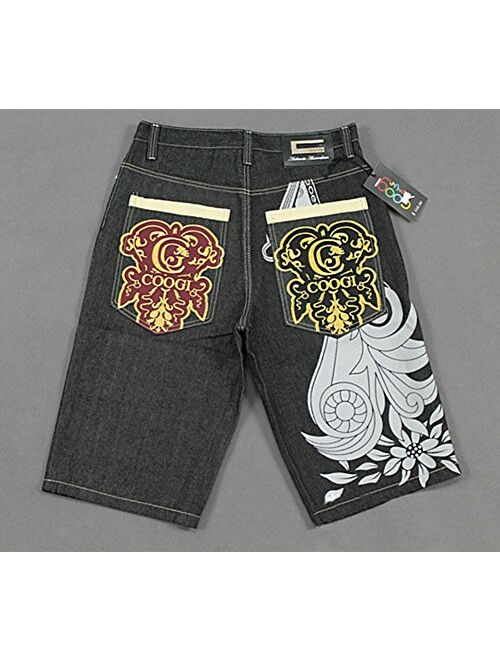 QBO Men's Rhino Hip-hop Embroidery Loose Denim Short Baggy Jeans