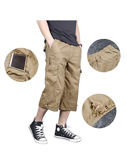 Dainzusyful Mens Casual Twill Elastic Cargo Shorts Loose Fit Multi-Zipper Pocket Capri Long Shorts Cropped Shorts 