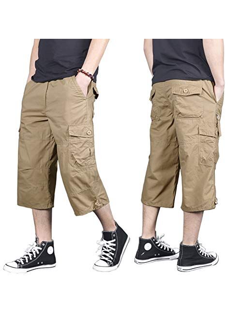 MAGNIVIT Men's Capri Long Cargo Shorts Casual Twill Elastic Below Knee Shorts Loose Fit Multi-Pocket