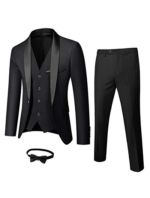 MY'S Mens 3-Piece Suit Shawl Lapel One Button Tuxedo Slim Fit Premium Dinner Jacket Vest Pants & Tie Set