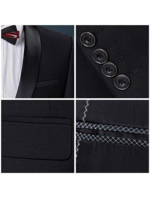 MY'S Mens 3-Piece Suit Shawl Lapel One Button Tuxedo Slim Fit Premium Dinner Jacket Vest Pants & Tie Set