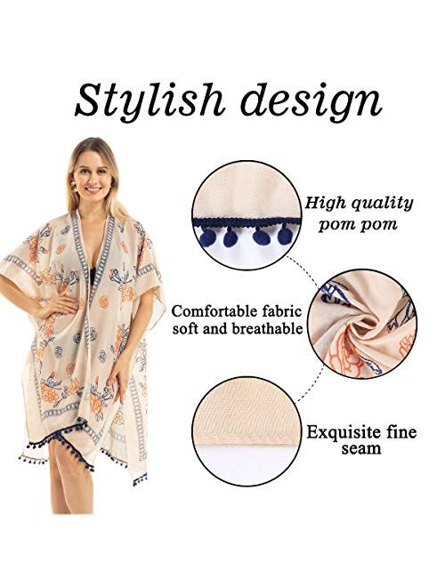 Women's Stylish Kimono Cardigan with Pom-pom, Loose Sleeveless Beach Cover Up, Fashion Swimwear Cover for 2020 Spring Summer