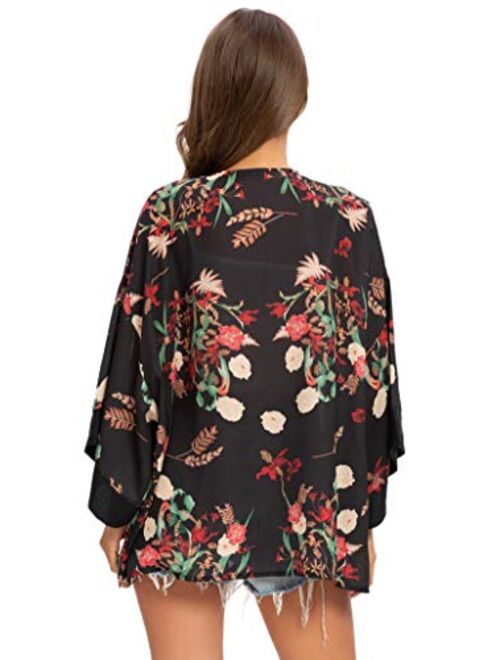 Tribear Women's Sheer Chiffon Kimono Cardigan Solid Casual Capes Beach Cover up