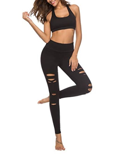 DIBAOLONG Womens High Waist Yoga Pants Cutout Ripped Tummy Control Workout Running Yoga Skinny Leggings