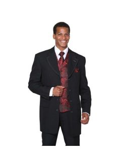 Milano Moda Single Breasted,Double Vent,High Fashion Suit with Matching Vest, Tie & Hankie 50Long BK/RD Black/Red