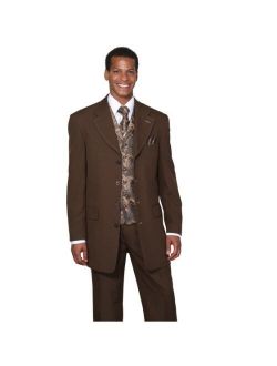 Milano Moda Single Breasted,Double Vent,High Fashion Suit with Matching Vest, Tie & Hankie 56Long Brown