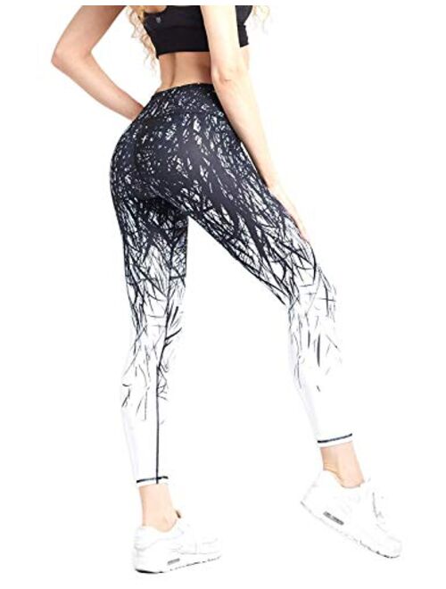 COOLOMG Women's Yoga Running Pants Printed Compression Leggings Workout Tights Hidden Pocket