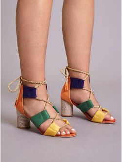 Color Block Lace-up Back Chunky Heels