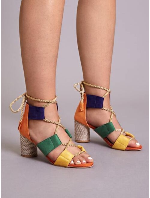 Shein Color Block Lace-up Back Chunky Heels